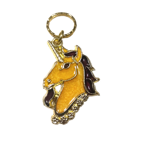 Crown Stain Glass Type Unicorn Keychain Orange/Yellow Gold Tone - Picture 3 of 5